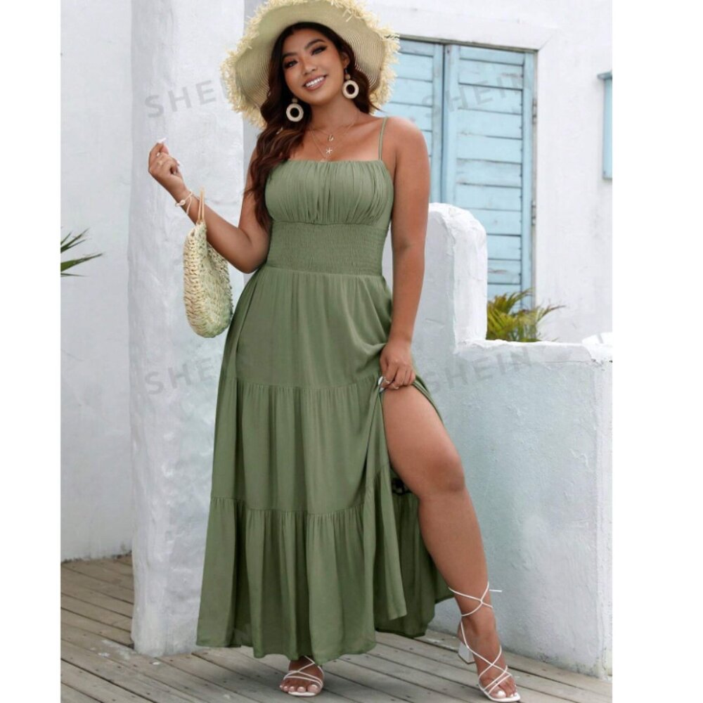 Ruched Bust Split Thigh Ruffle Hem Cami Dress